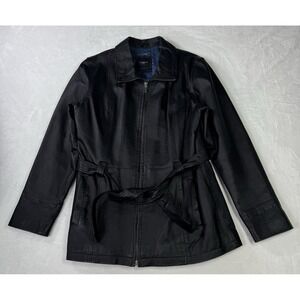 Vintage Colebrook & Co Leather Jacket Women Medium Black Lined Coat Belt Y2K